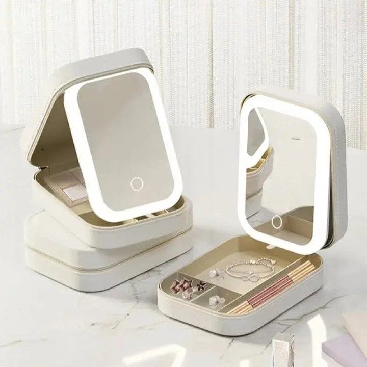 LED Cosmetic Mirror & Jewelry Case – Portable Vanity Mirror with Built-In LED Light & Makeup Organizer