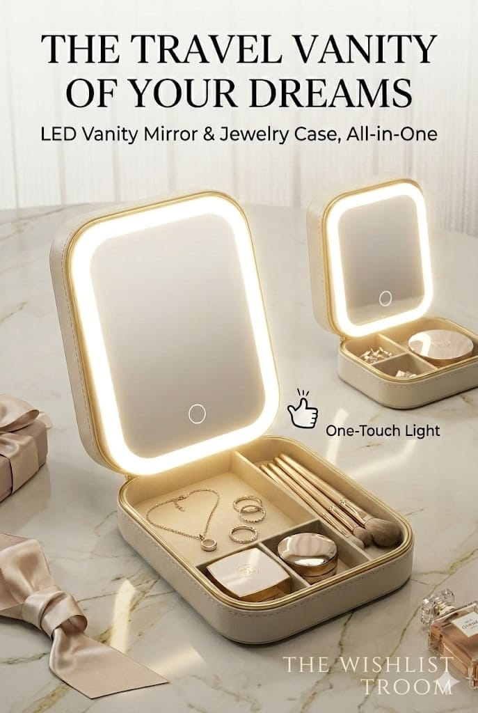 LED Cosmetic Mirror & Jewelry Case – Portable Vanity Mirror with Built-In LED Light & Makeup Organizer