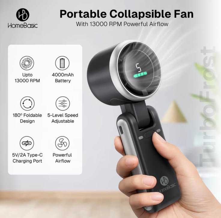 High-Speed Portable Turbo Fan – Rechargeable Mini Handheld Fan with 5-Speed Adjustable Airflow