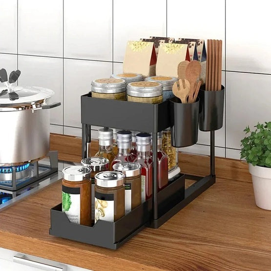 Kitchen Shelf Organizer – 2-Tier Cabinet Storage Rack with Utensil Hooks for Kitchen