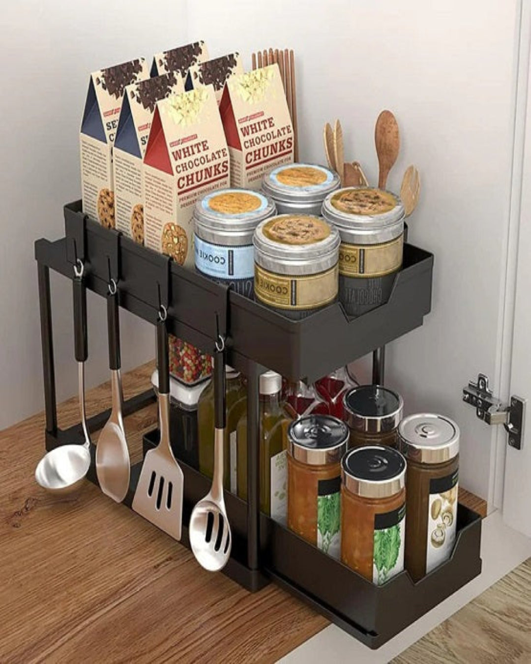 Kitchen Shelf Organizer – 2-Tier Cabinet Storage Rack with Utensil Hooks for Kitchen