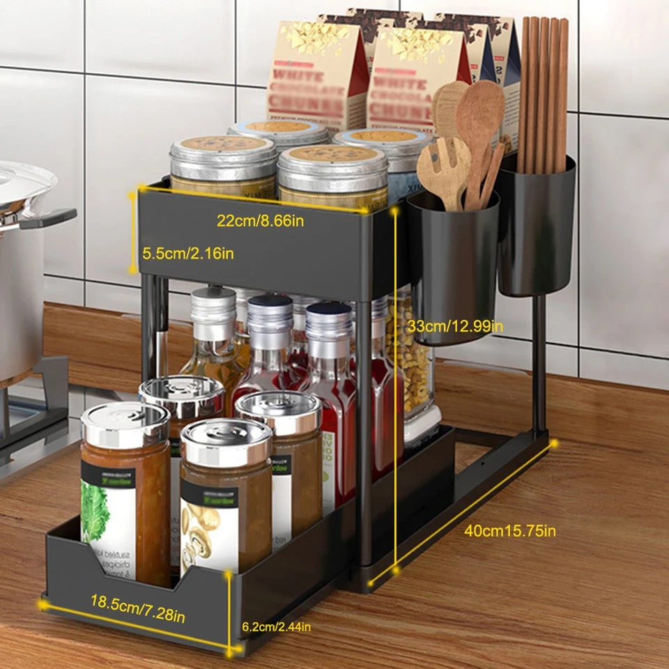 Kitchen Shelf Organizer – 2-Tier Cabinet Storage Rack with Utensil Hooks for Kitchen