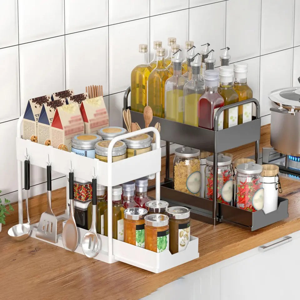 Kitchen Shelf Organizer – 2-Tier Cabinet Storage Rack with Utensil Hooks for Kitchen