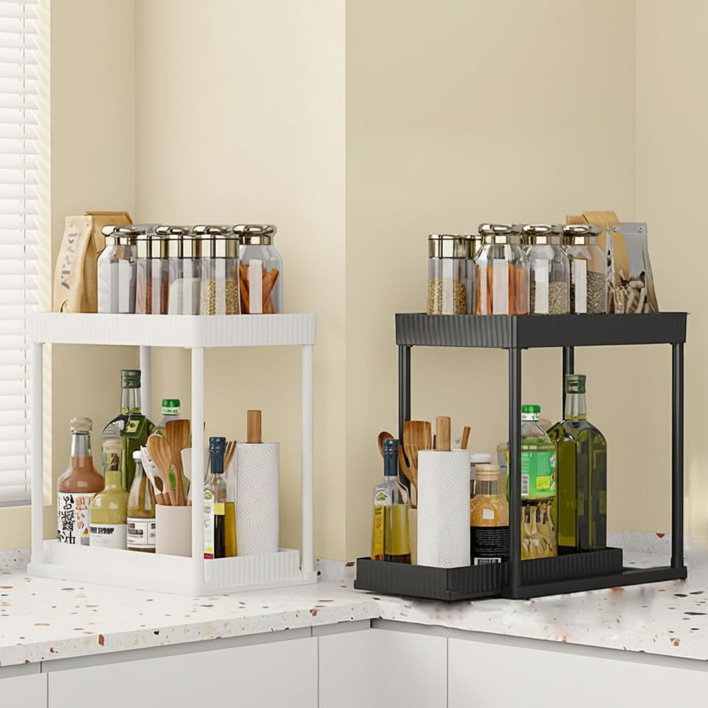 Kitchen Shelf Organizer – 2-Tier Cabinet Storage Rack with Utensil Hooks for Kitchen