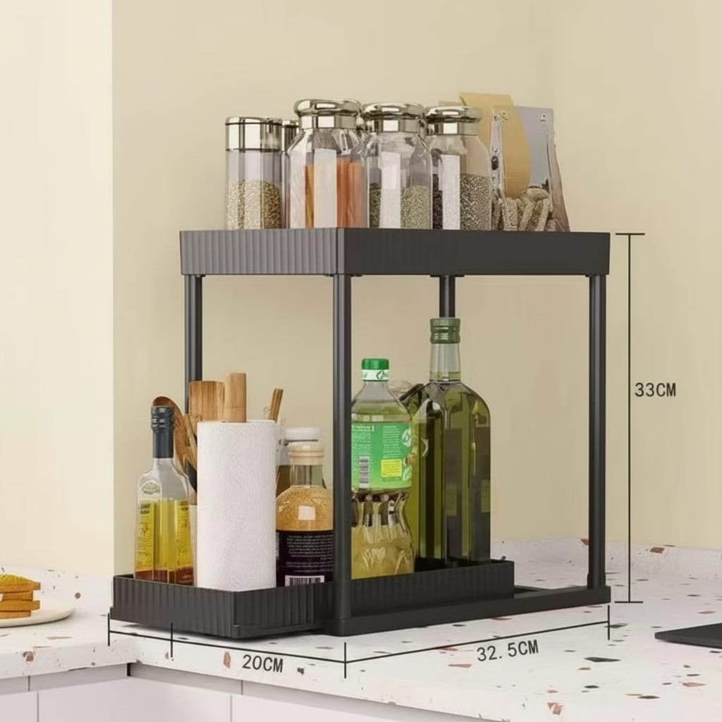 Kitchen Shelf Organizer – 2-Tier Cabinet Storage Rack with Utensil Hooks for Kitchen