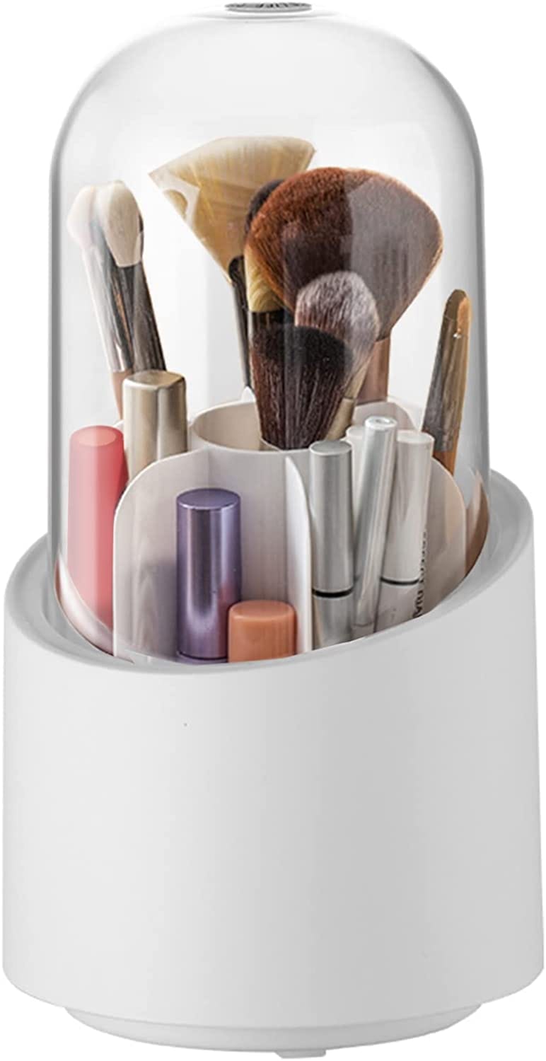 360° Rotating Makeup Brush Holder – Cosmetic Organizer with Dustproof Cover & Compartments