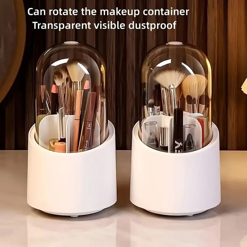 360° Rotating Makeup Brush Holder – Cosmetic Organizer with Dustproof Cover & Compartments