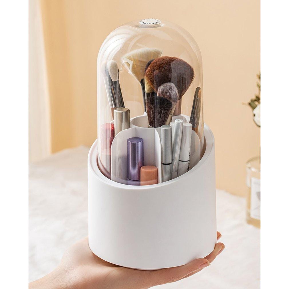 360° Rotating Makeup Brush Holder – Cosmetic Organizer with Dustproof Cover & Compartments