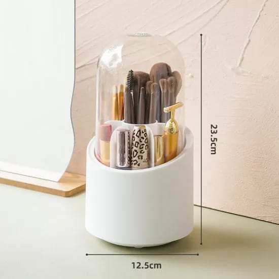360° Rotating Makeup Brush Holder – Cosmetic Organizer with Dustproof Cover & Compartments