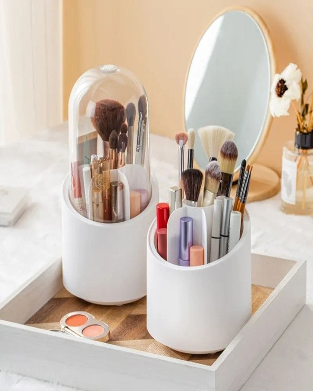 360° Rotating Makeup Brush Holder – Cosmetic Organizer with Dustproof Cover & Compartments