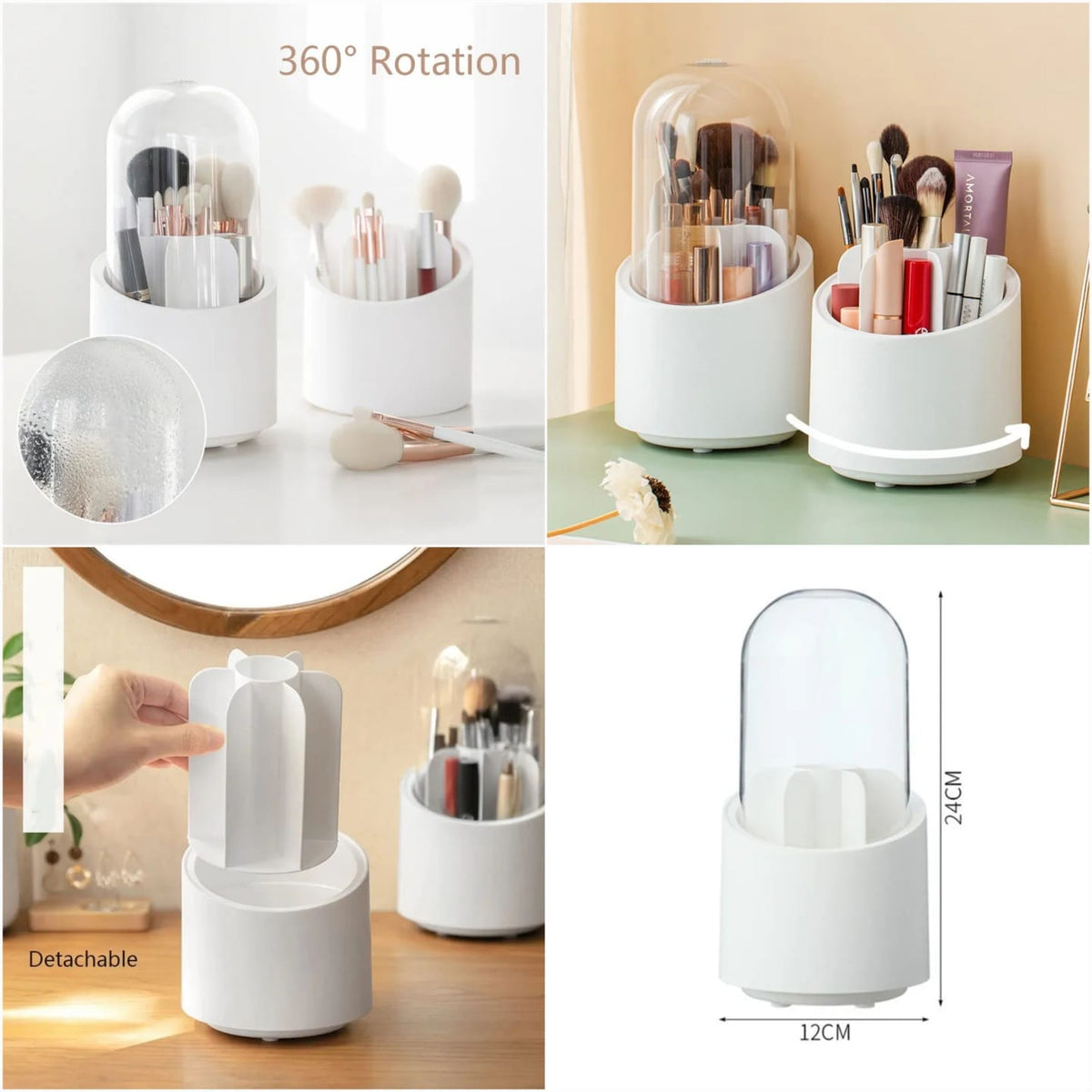 360° Rotating Makeup Brush Holder – Cosmetic Organizer with Dustproof Cover & Compartments