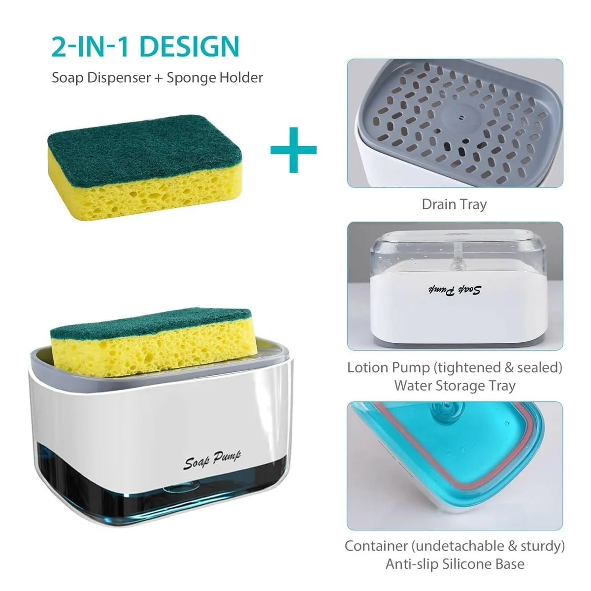 Kitchen Sink Soap Pump Dispenser – 2-in-1 Dish Soap Dispenser & Sponge Holder with Towel Rack