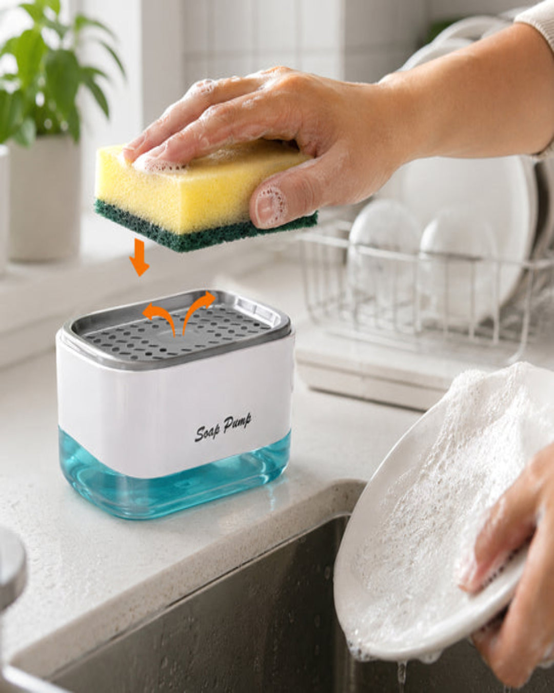 Kitchen Sink Soap Pump Dispenser – 2-in-1 Dish Soap Dispenser & Sponge Holder with Towel Rack